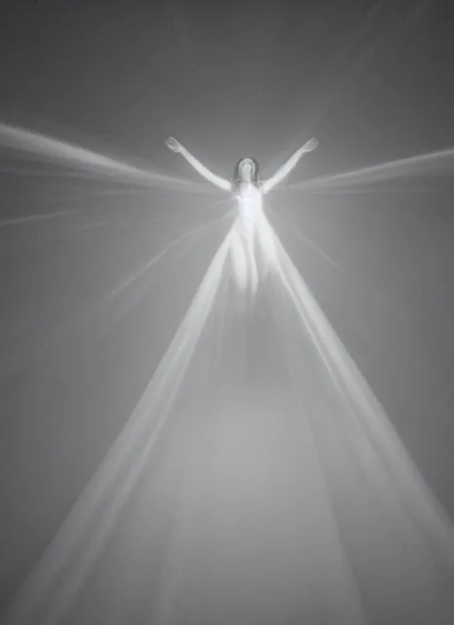 Prompt: female ascending into the sky, glowing aura, motion blur, out of focus, film grain, cinematic lighting, experimental film, echoes, shot on 1 6 mm