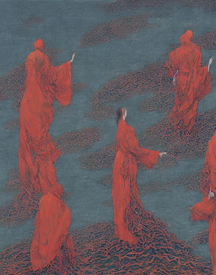 Prompt: worshippers in robes standing in waves, high detailed beksinski painting, part by adrian ghenie and gerhard richter. art by takato yamamoto. masterpiece, deep colours, blue