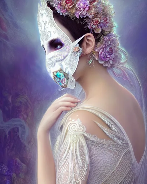 Image similar to beautiful ethereal maiden in a ivory masquerade mask intricate ornate fractal-lace and gemstones, wearing stunning ivory dress, pastel color palette, full view, soft lighting, vivid, Hyperdetailed, 4k hd matte painting by Artgerm, Greg Rutkowski, Klimt, James Jean, 8k resolution, enchanting and otherworldly, Artstation, rendered in octane, Hyperdetailed, front view