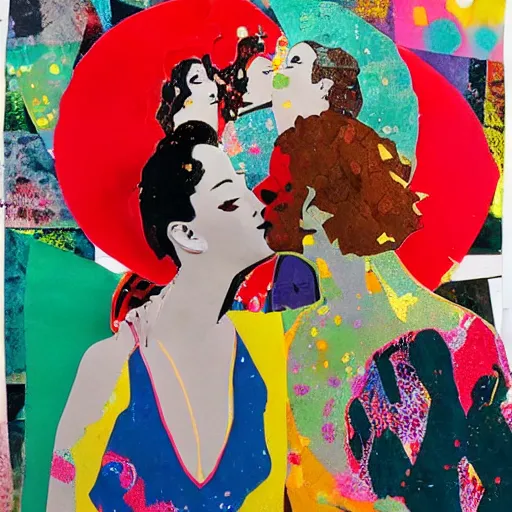 Image similar to two women kissing at a carnival, mixed media collage, retro, paper collage, magazine collage, acrylic paint splatters