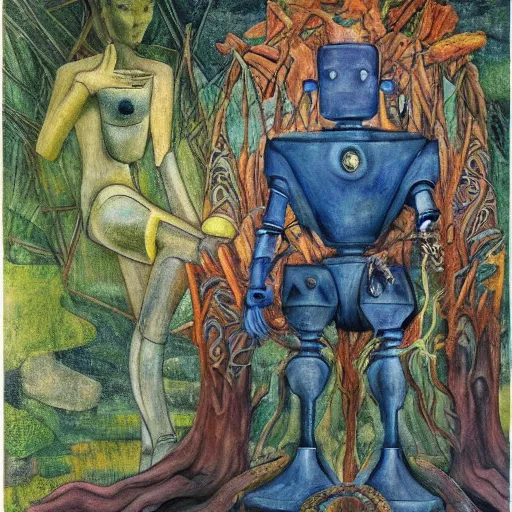 Prompt: robot seizes the forest throne, by Annie Swynnerton and Diego Rivera, symbolist, dramatic lighting, elaborate geometric ornament, tattoos, Art Brut, soft cool colors,smooth, sharp focus, extremely detailed
