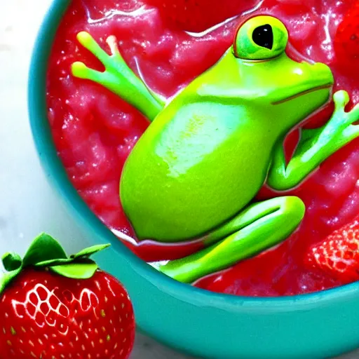 Prompt: frog drowning in strawberry yogurt, real