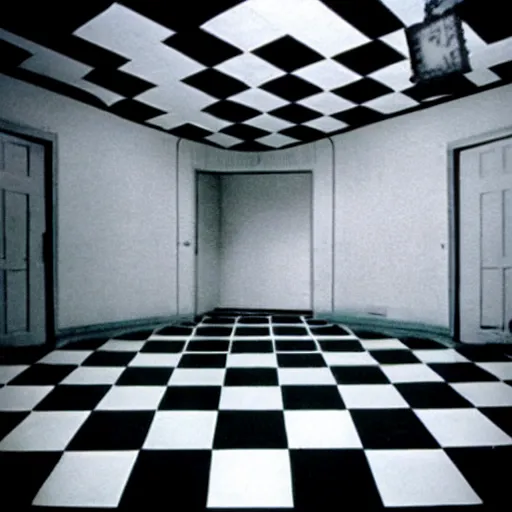 Image similar to 3 5 mm film photography by stanley kubrick, award winnin photo of an old room with checker floor and with a singular cloud floating inside it