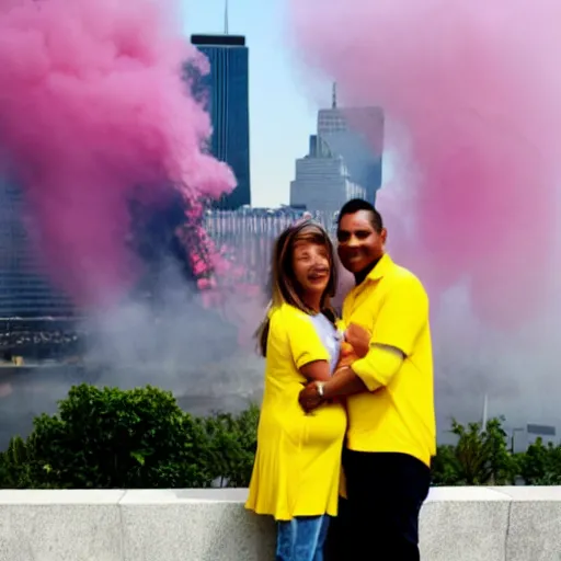 Image similar to a couple of parents to be, smiling in front of 9 / 1 1 with pink smoke