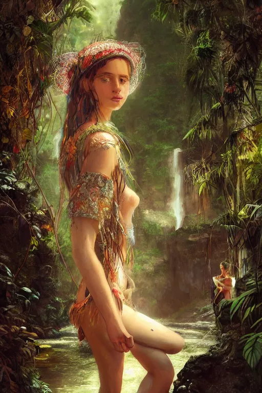 Image similar to portrait of bohemian girl in the jungle by a waterfall, staring directly into camera, intricate, elegant, glowing lights, highly detailed, digital painting, artstation, sharp focus, illustration, art by wlop, mars ravelo and greg rutkowski