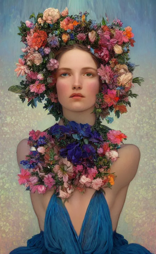 Prompt: a oil painting hyperrealism of a beautiful woman on a white background, flowers, painted by mucha, floral headdress, 8 k resolution, octane render, trending on artstation, volumetric light 2 blue fractal thunder glow by dan mumford, anaglyph effect, laurie lipton