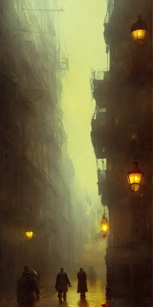 Image similar to a street of a city in 1 9 4 0 with yellow light on from the windows during the night, a men stand up under a light, steam punk, mystical red fog, oil on canvas, art by andreas achenbach, clemens ascher, tom bagshaw and sabbas apterus,