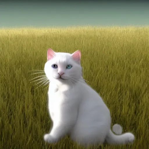 Prompt: an excited white cat sitting in a field, unreal engine, detailed