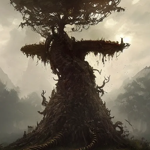 Prompt: living tree, in the shape of a rat with legs and yellow eyes, dark land, by greg rutkowski, trending on art station, highly detailed, magic the gathering, matte painting