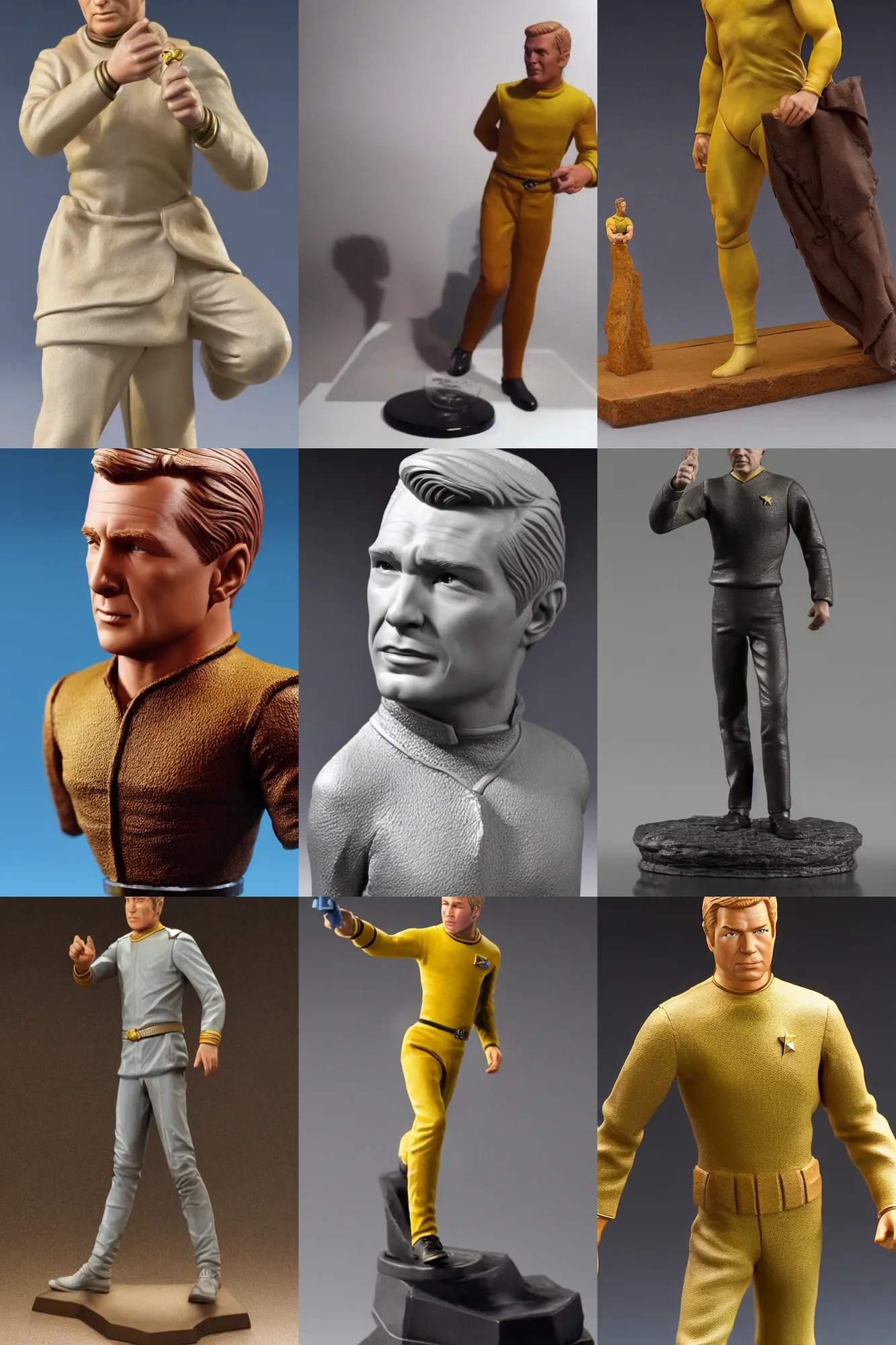 Prompt: a highly detailed 3D figurine of Captain Kirk