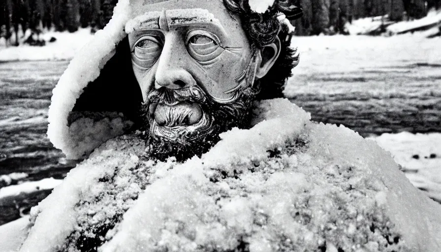 Prompt: 1 9 6 0 s movie still close up of marcus aurelius wearing legionnaire clothes frozen to death under the snow by the side of a river with gravel, pine forests, cinestill 8 0 0 t 3 5 mm, high quality, heavy grain, high detail, texture, dramatic light, anamorphic, hyperrealistic, detailed hair, bright sun