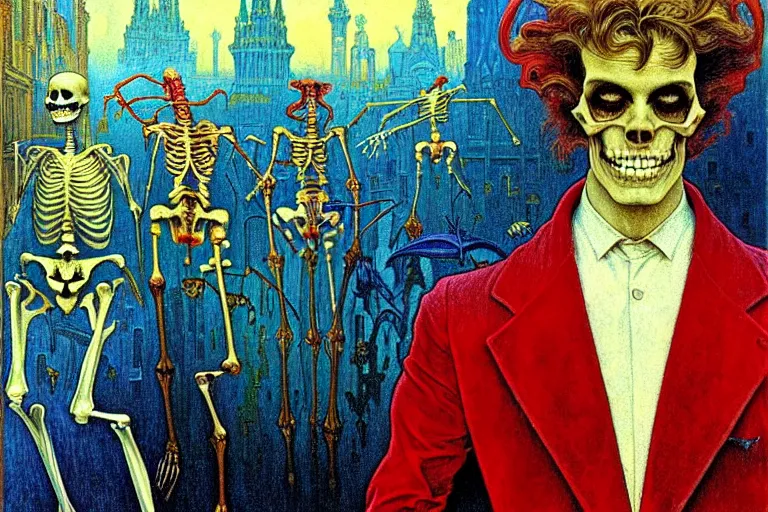 Image similar to realistic detailed closeup portrait painting of a single skeleton wearing red velvet blazer in a crowded futuristic moscow street by Jean Delville, Amano, Yves Tanguy, Alphonse Mucha, Ernst Haeckel, Edward Robert Hughes, Roger Dean, rich moody colours, blue eyes