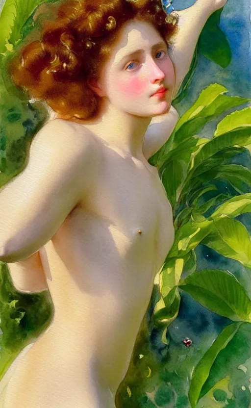 Image similar to the face of a young woman with marble complexion, angelic features, dancing curls around her face, her head raised in rapture, symmetrical eyes, watercolor by john singer sargent, background lush vegetation, insects and birds, 8 k uhd