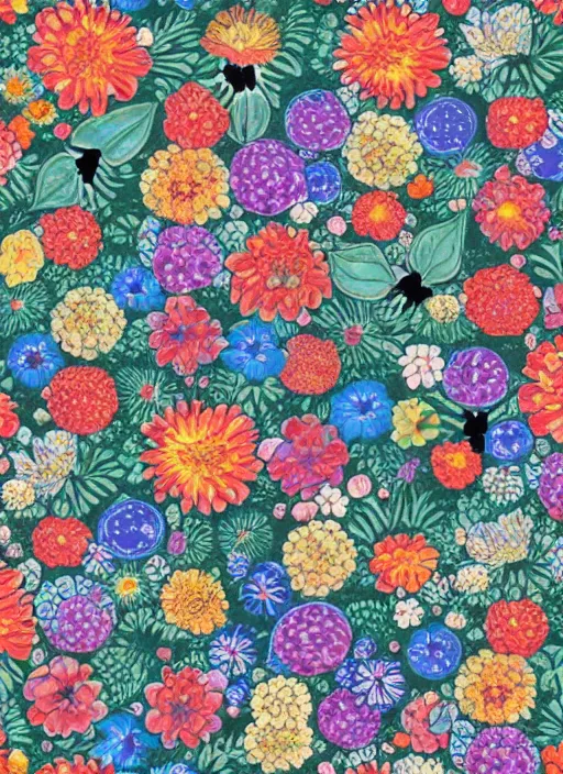 Image similar to multiverse of flowers, garden flowers pattern!!!, berries!!, dragonflies, garden monolith by satoshi kon and greg rutkowski, 7 0's vintage sci - fi design