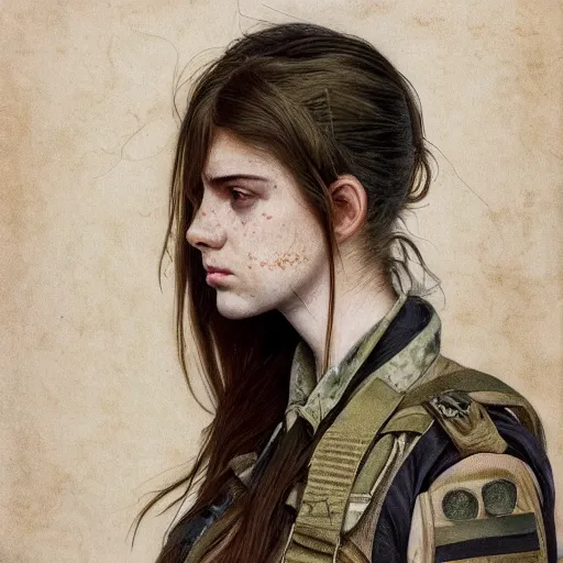 Image similar to side portrait of a soldier girl, dirt and smoke, long hair, hair down, symmetrical facial features, girls frontline, hyper realistic, pale skin, 4k, rule of thirds, extreme detail, detailed drawing, trending artstation, hd, fantasy, D&D, realistic lighting, by Alphonse Mucha, Greg Rutkowski, sharp focus, backlit