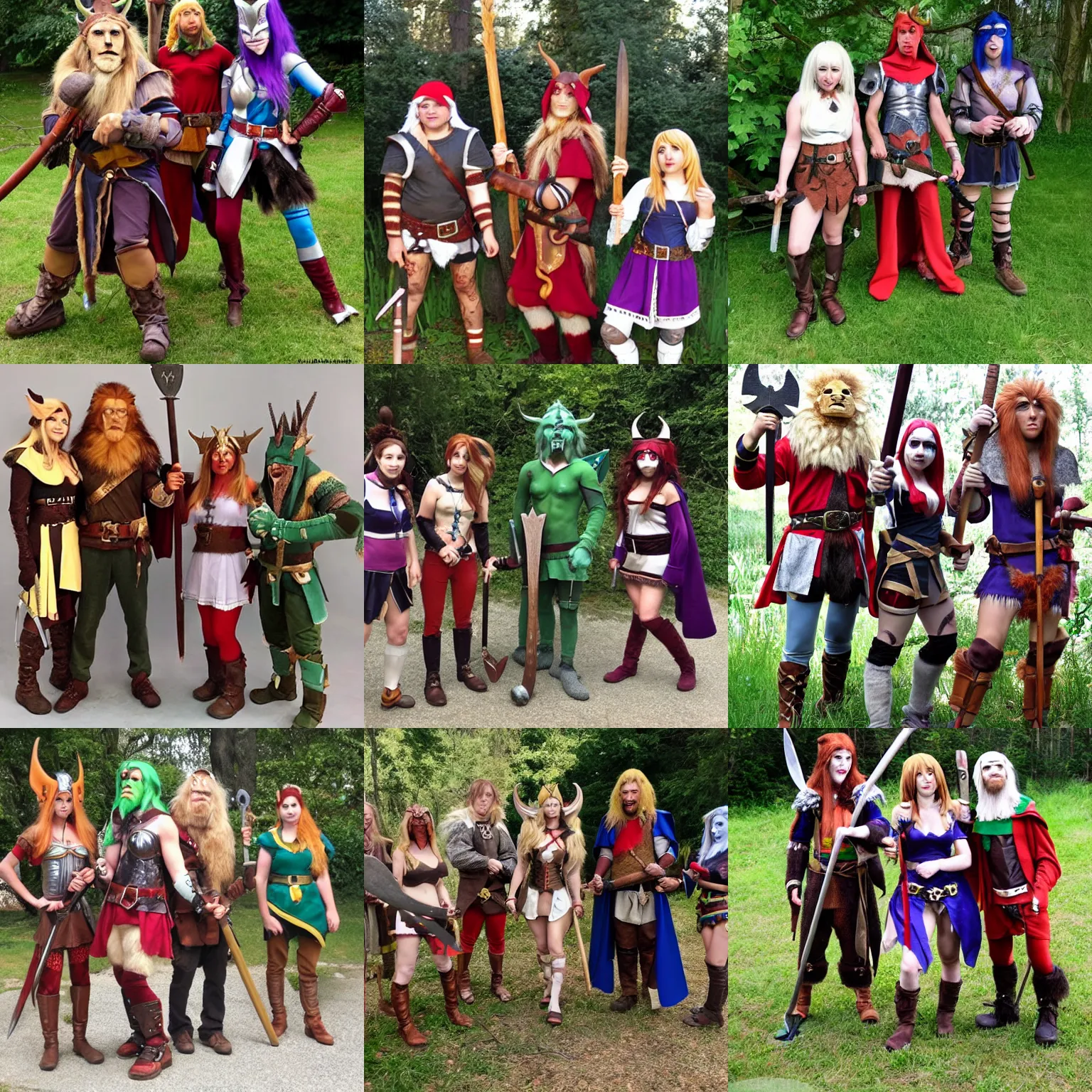 Prompt: 4 disguised cosplayers, lion humanoid with giant axe and shorts, elf knight, young half elf wizard, tiefling female warlock, d & d party, happy