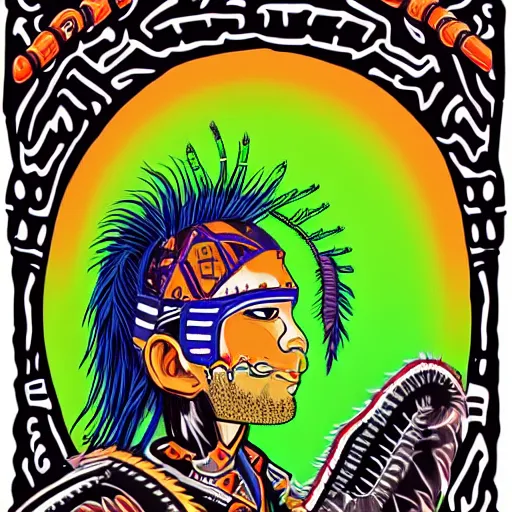 Image similar to photoperiodism portrait of an indigenous cholo goth mechanoid shaman dressed with a quetzalcoatl feathered serpent dancing over geyser explosion