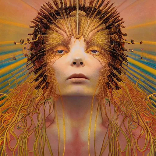 Prompt: bjork as queen of jupiter by zdzisław beksinski, iris van herpen, raymond swanland and alphonse mucha. highly detailed, hyper - real, beautiful