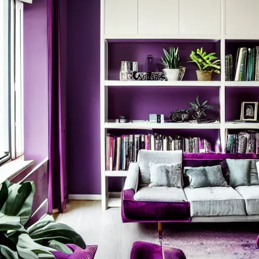 Image similar to award winning interior design city apartment, cozy, fabrics and textiles, deep purple accent color, book shelf, couch, desk, balcony door, plants, photograph magazine, wide angle