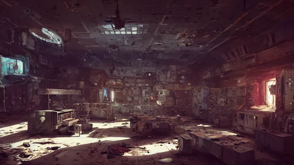 Image similar to abandoned old and rusted desolate sci fi lab, Interior of a space station cluttered with electronics, Wadim Kashin, Simon Stalenhag, XF IQ4, f/1.4, ISO 200, 1/160s, 8K, RAW, featured in artstation, octane render, cinematic, elegant, intricate, 8k