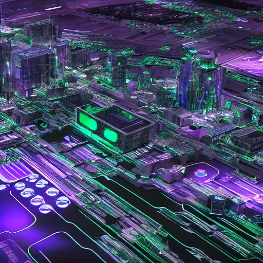 Prompt: photo of a futuristic city in a dystopian future made of electronic components and looks like a giant pcb board. Very detailed 8k. Unreal engine 5 render with nanite, global illumination and path tracing. Cinematic post processing. Emphasize on the colors green and blue.