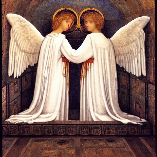 Prompt: 2 angels at the tomb of jesus, medium wide shot, edmund leighton