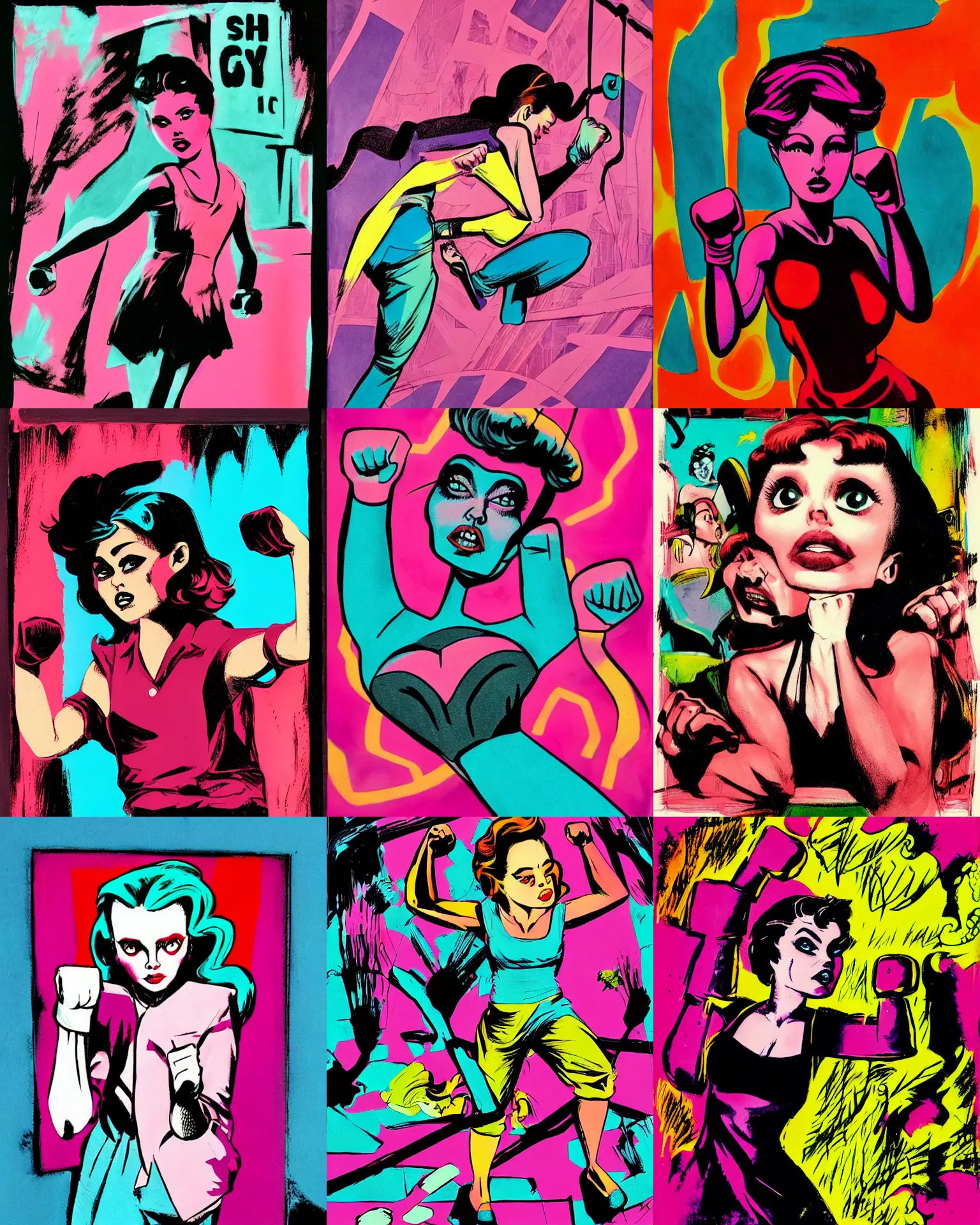 Prompt: she is swinging her fist in a panel from a noir comic book page drawn with vibrant paint markers in hues of aerochrome, inspired by Mark Ryden