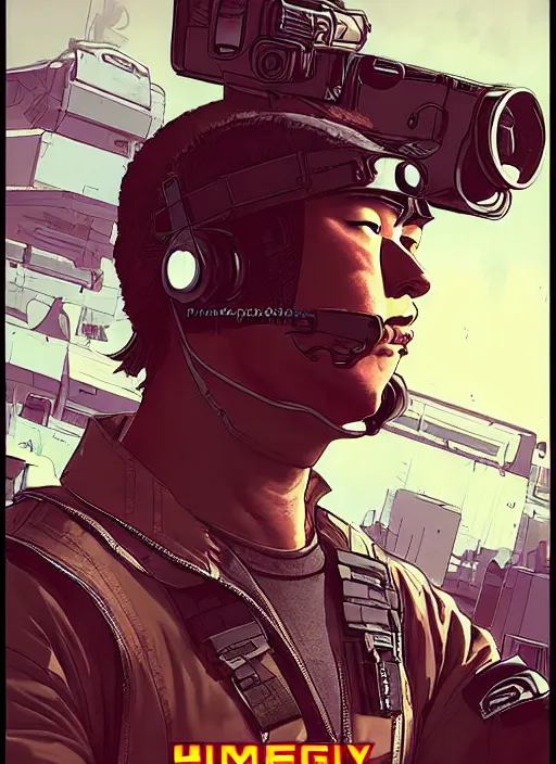 Image similar to Smug Hiro. nimble Japanese cyberpunk mercenary wearing a cyberpunk tactical headset and military vest. square face. Realistic Proportions. Concept art by James Gurney and Laurie Greasley. Moody Industrial skyline. ArtstationHQ. Creative character design for cyberpunk 2077.