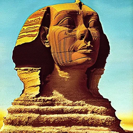 Prompt: the sphinx with the head of john cleese, young john cleese's head on the sphinx, painting by salvador dali