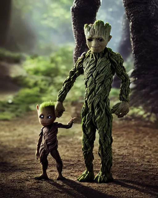 Image similar to a portrait of baby groot and baby yoda walking whilst holding hands, highly detailed, trending on artstation, bokeh, 9 0 mm, f / 1. 4