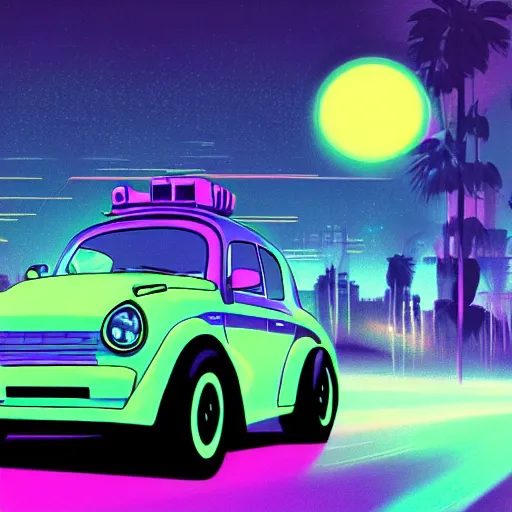 Prompt: a tardigrade driving a car, miami, nighttime, synthwave, digital art