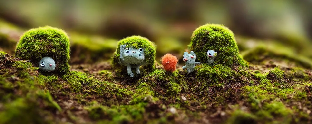 Image similar to tiny cute mossy forest creatures by bobby chiu, at sunset, macro photography, goro fujita, cute, adorable, cinematic