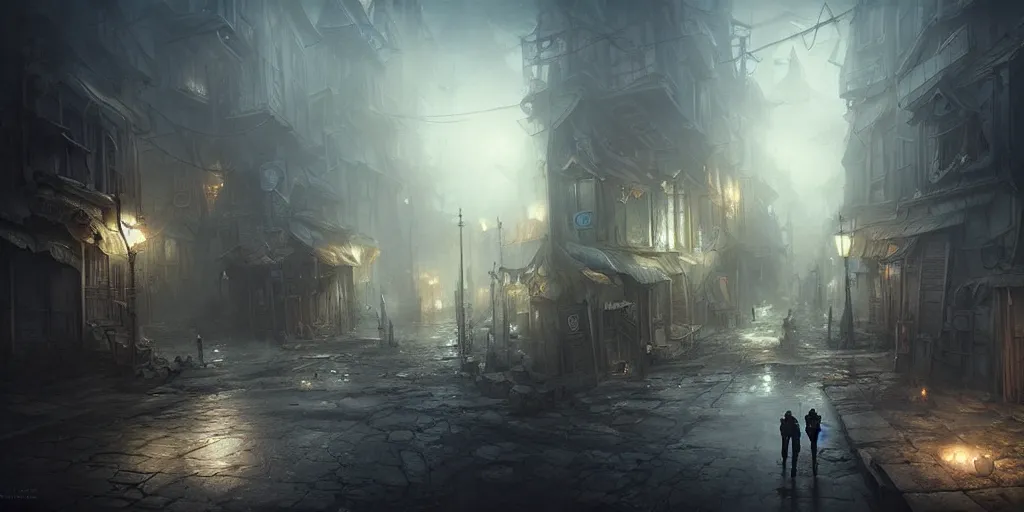 Image similar to dark town street by bastien lecouffe - deharme and charles bowater, greg rutkowski, adventure game, high angle, inspired by diablo concept art