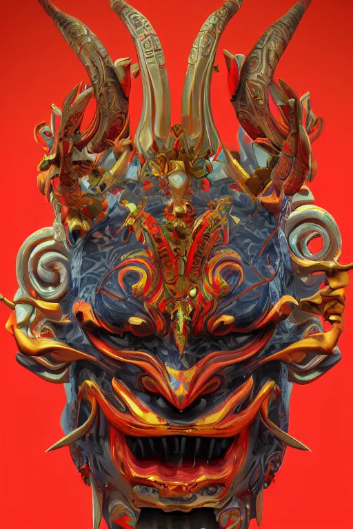 Prompt: oni mask, ornamental, beautiful, horns, symmetrical, vibrant colors, illustration, japanese, artstation, 4 k