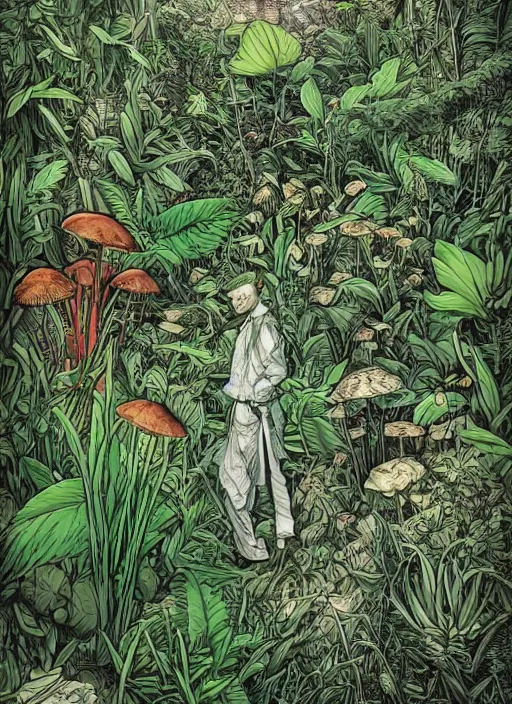 Prompt: surreal line art by kim jung gi!, a lot of jungle flowers and exotic plants + toxic mushrooms + long grass + tall stone + old paper, 5 0's vintage sci - fi style, rule of third!!!!, line art, 8 k, ultrafine hyperdetailed, generative art, matte drawing, green color palette, top view