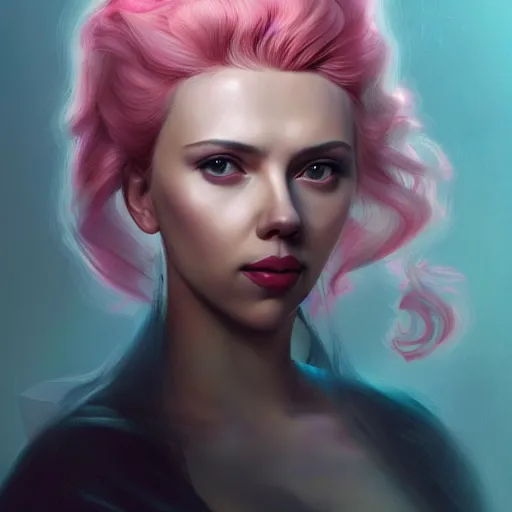 Image similar to detailed portrait of scarlett johansson as princess bubblegum, beautiful, fantasy, intricate, elegant, highly detailed, digital painting, artstation, concept art, matte, sharp focus, illustration, art by aenaluck, artgerm and roberto ferri and greg rutkowski, epic fantasy, digital painting