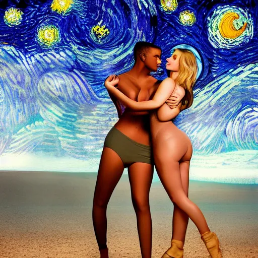 Image similar to kylie jenner hugging kim kardashian standing on a beach, army outfits, starry night, 4k, photo