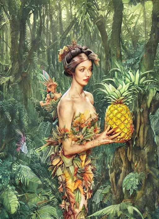 Image similar to lush pineapple forest fairy foliage painting carved in amber by chiara bautista and norman rockwell and greg rutkowski weta studio