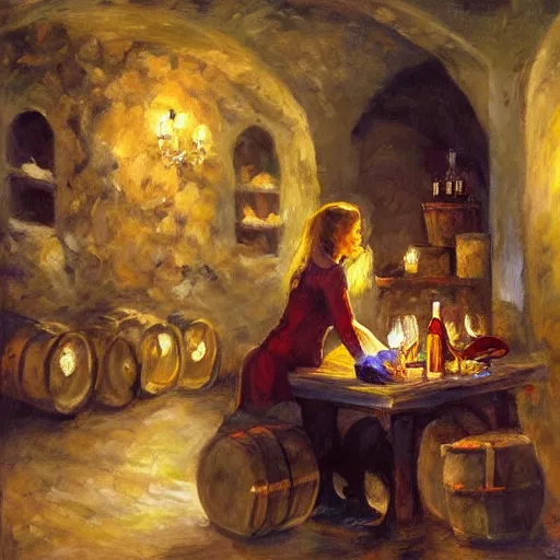 Prompt: wine cellar full of food, torches on the wall, schnapps, painting, Fritz Wagner, Vladimir Volegov, Olga Zakharova