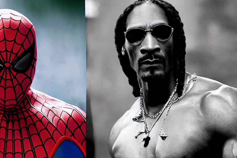 Image similar to film still of Snoop Dogg buffed like Dwayne Johnson in Spider-man 3 2007, 4k