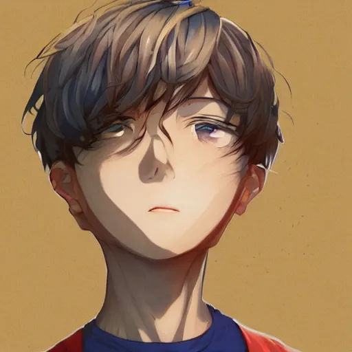 Prompt: A medium shot anime portrait of a happy anime man with extremely short walnut hair and blue eyes, wearing a t-shirt, his whole head fits in the frame, solid background, by Stanley Artgerm Lau, WLOP, Rossdraws, James Jean, Andrei Riabovitchev, Marc Simonetti, and Sakimi chan, trending on artstation