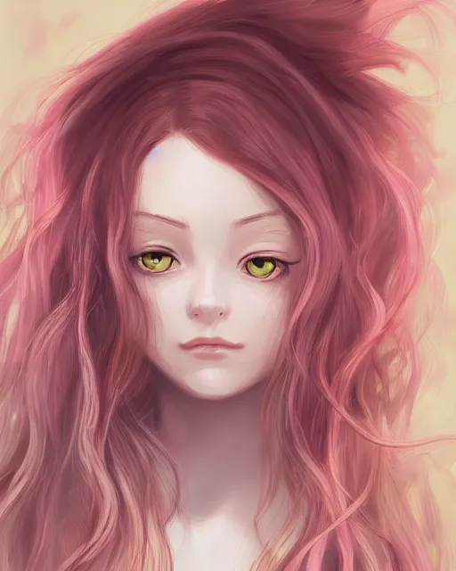 Prompt: a portrait of a young woman with very long pink hair undulating on the wind, light brown eyes, slightly chubby, pale skin, pretty, cute, by ghibli, trending on artstation