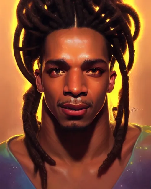 Image similar to lucio from overwatch, dreadlocks, fantasy, fantasy art, character portrait, portrait, close up, highly detailed, intricate detail, amazing detail, sharp focus, vintage fantasy art, vintage sci - fi art, radiant light, caustics, by boris vallejo