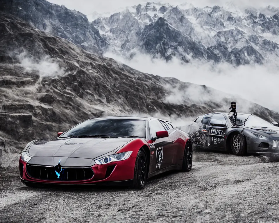 Image similar to maserati drifting in mountains with lamborghini indian police car chasing, cinematic, photography by alexey kurylev, need for speed, movie, ultra detailed