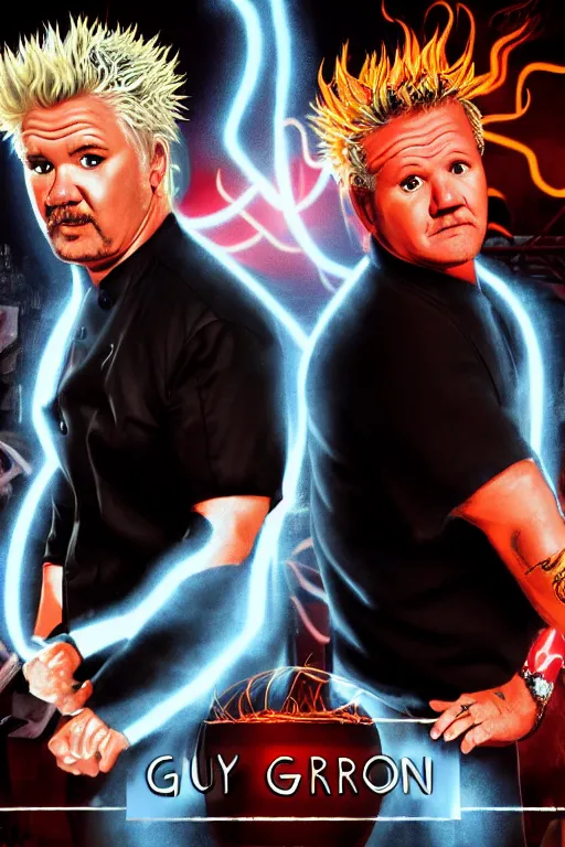 Prompt: guy fieri and gordon ramsay, drew struzan poster, cinematic, rim lighting, glow, haze, volumetric lighting