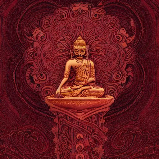 Image similar to dark red paper with intricate designs, tarot card, a mandelbulb fractal southeast asian buddha statue, full of golden layers, flowers, cloud, vines, mushrooms, swirles, curves, wave, by hokusai and mike mignola, trending on artstation, elaborate dark red ink illustration