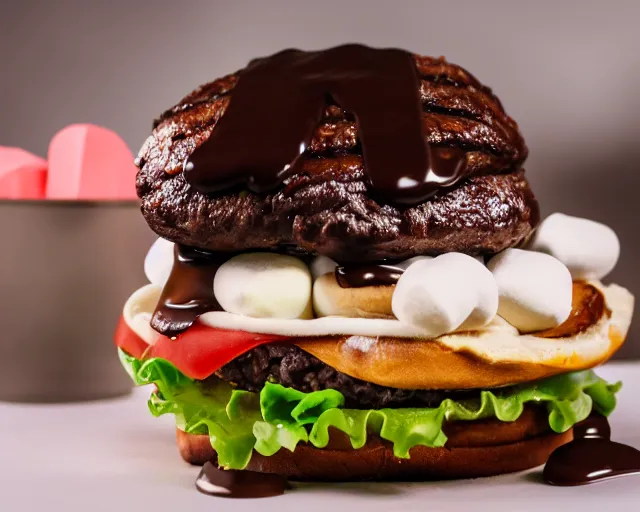 Prompt: dslr food photograph of burger with marshmallows in it, chocolate sauce, 8 5 mm f 1. 4