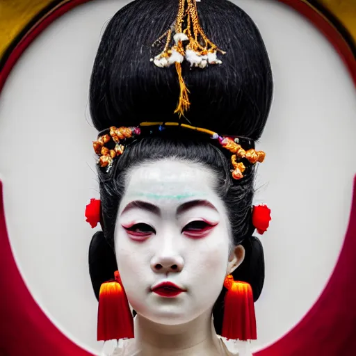 Prompt: minimalist photography portrait of an elaborately adorned oiran, symmetrical, super close up, mid thirties, cute round green slanted eyes, porcelain skin, wide nostrils, chubby cheeks, high flat eyebrows, ethereal essence, angelic, leica 1 0 0 mm f 0. 8