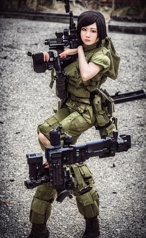 Image similar to an escalating violent firefight, highly detailed, high resolution, cosplay photo, stunning, girls frontline style, bokeh soft, 100mm, trending on instagram, by professional photographer, realistic human anatomy, real human faces, realistic military carrier, soldier clothing, modern warfare, realistic weapon, shot with a arriflex 35 ii, low saturation, small human eyes, running pose, maid outfit