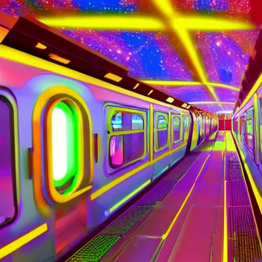 Prompt: space train station, futuristic, neon colours, highly saturated, high def, 8 k, hd, highly detailed,